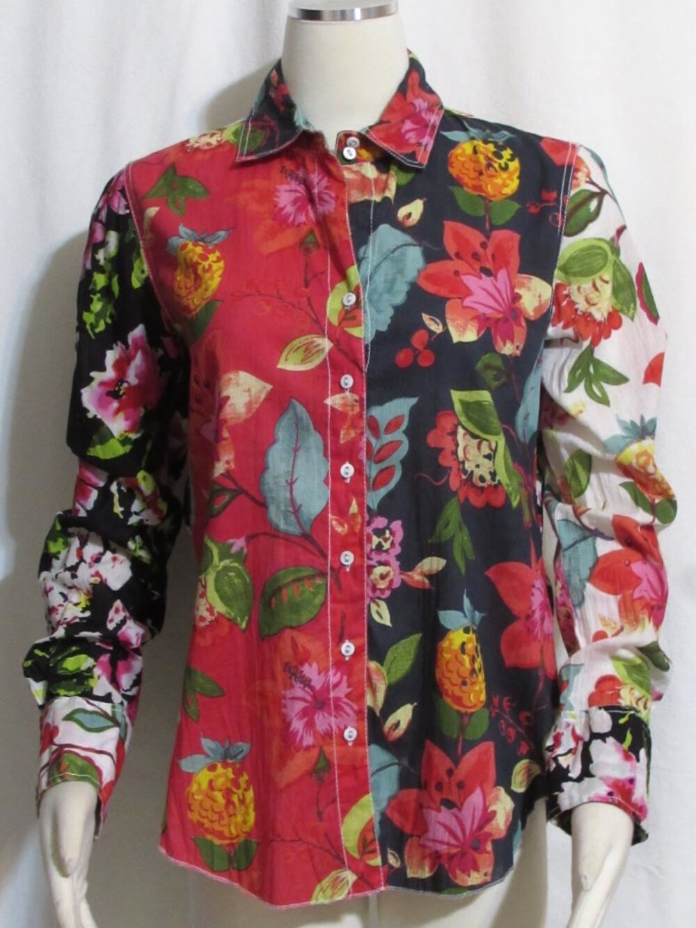 NEW Womens Ladies CINO Black & Red Floral India Cotton L/S Top Shirt S Orig $130